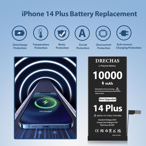 [10000 مللي أمبير] بطارية لهاتف iPhone 14 Plus، بطارية بديلة ليثيوم بوليمر ذات سعة محسنة 0 دورة لهواتف iPhone 14 Plus موديلات A2632، A2885، A2886، A2887، A2896 مع مجموعة أدوات إصلاح احترافية كاملة in Kuwait