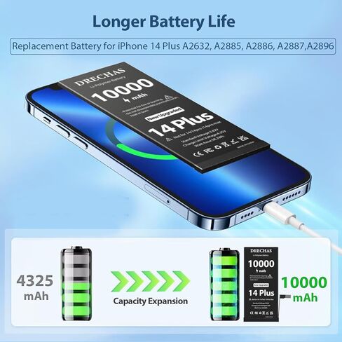 [10000 مللي أمبير] بطارية لهاتف iPhone 14 Plus، بطارية بديلة ليثيوم بوليمر ذات سعة محسنة 0 دورة لهواتف iPhone 14 Plus موديلات A2632، A2885، A2886، A2887، A2896 مع مجموعة أدوات إصلاح احترافية كاملة in Kuwait