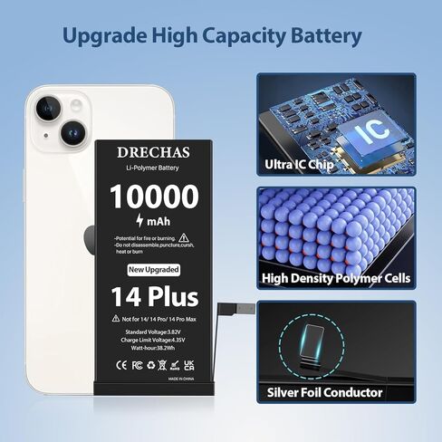 [10000 مللي أمبير] بطارية لهاتف iPhone 14 Plus، بطارية بديلة ليثيوم بوليمر ذات سعة محسنة 0 دورة لهواتف iPhone 14 Plus موديلات A2632، A2885، A2886، A2887، A2896 مع مجموعة أدوات إصلاح احترافية كاملة in Kuwait