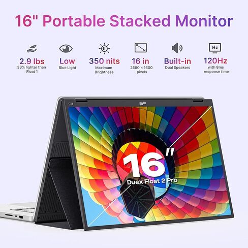 شاشة محمولة من Mobile Pixels Duex Float 2 Pro مقاس 16 بوصة 2.5K لأجهزة الكمبيوتر المحمول، ومسند مدمج ومكبرات صوت، موسع شاشة كمبيوتر محمول رفيع للغاية | USB-C وHDMI | التوصيل والتشغيل لنظام التشغيل Windows، وMacOS، وSwitch، وAndroid in Kuwait