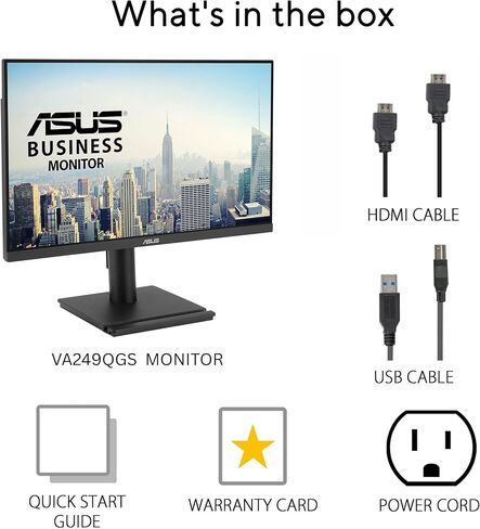 شاشة الأعمال ASUS مقاس 24 بوصة بدقة 1080 بكسل (VA249QGS) - IPS، دقة عالية كاملة، بدون إطار، 120 هرتز، مزامنة متكيفة، 1 مللي ثانية، HDMI، منفذ DisplayPort، VGA، العناية بالعين، إضاءة زرقاء منخفضة، مريحة، قابلة للتركيب على الحائط وفقًا لمعايير VESA، ضمان 3  in Kuwait