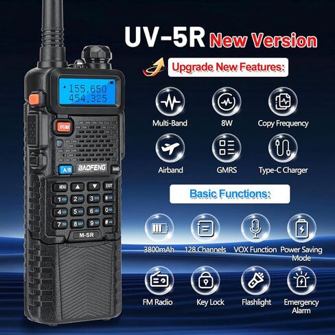 BAOFENG UV-5R Ham Radio 8W Handheld Upgrade Long Range UV5R 3800mAh Rechargeable Walkie Talkies M-5R 5RM Tactical Two Way Radio with Programming Cable and Earpiece for Hunting Survival Gear,2 Pack in Kuwait
