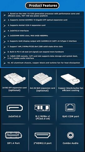 كمبيوتر صغير لجهاز جدار الحماية، Intel Pentium 8505 رباعي النواة 10G*2 4xIntel I226 2.5G Ethernet VPN توجيه ناعم، 2*USB3.2 1*فتحة TF 2*SATA 1*M.2 NVMe x4 8/16/32/64GB DDR5 M.2 Nvme (8G/128G) in Kuwait