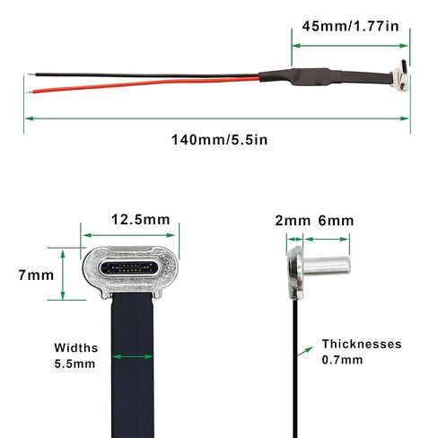 Right Angle USB C FPC Flat Power Pigtail Cable 5.5in 90 Degree USB Type C Male Plug to 2 Pin Bare Wire Open End Power Pigtail Cord for DIY Power Cord Replacement Repair, 14cm in Kuwait