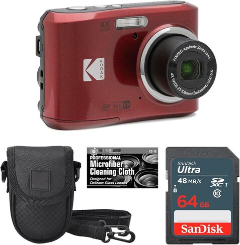 Kodak PIXPRO FZ45 16MP Digital Camera 4X Optical Zoom 27mm Wide Angle 1080P Full HD Video 2.7" LCD Camera (Red) + Padded Case + 64GB Card + Cleaning Cloth in Kuwait