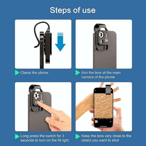 عدسة مجهر مكبرة 200X، عدسة ماكرو للجيب بإضاءة LED صغيرة الحجم لهواتف iOS وأندرويد وجميع الهواتف الذكية، أسود in Kuwait