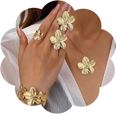 Gold Flower Jewelry Set for Women Big Foral Gold Flower Necklace Earrings Bracelect Ring Jewelry Boho Vintage Set in Saudi Arabia