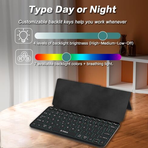 لوحة مفاتيح بلوتوث للسفر مع اقتران جهاز مزدوج، مفاتيح بإضاءة خلفية RGB، لوحة مفاتيح محمولة ذات عمر بطارية طويل مع حامل بأي زاوية للهواتف الذكية والأجهزة اللوحية وiOS وAndroid iPad وZ Fold وGalaxy Tabs والهواتف in Kuwait