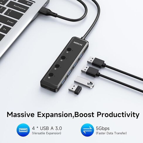 MOKiN USB 3.0 Hub, 5-Port Ultra Slim Data USB Extender with 4*USB A 3.0 Ports + USB C Power Port for Laptop, Chromebook, Dell Acer and More, 2FT Extended Cable… in Kuwait