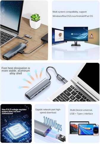 6-in-2 USB 3.2 Hub Docking Station, 3 USB 3.2 Ports, Gigabit Ethernet, USB-C Power Delivery, USB-C 3.2,1000Mbps LAN RJ45, Aluminum Alloy,Add interfaces to Computers, Tablets and Mobile Phones in Kuwait