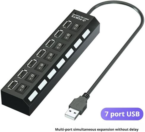 محور USB 2.0 عالي السرعة بـ 7 منافذ، محور بيانات USB A مع إمكانية تشغيل/إيقاف تشغيل مستقلة، لأجهزة الكمبيوتر المحمول والكمبيوتر الشخصي والأقراص الصلبة المحمولة ومحرك الأقراص المحمول والمزيد in Kuwait