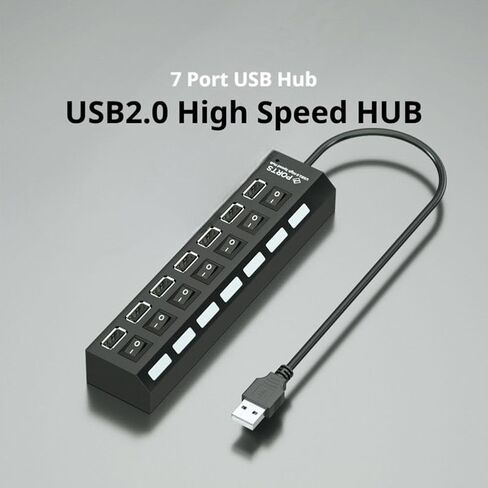 محور USB 2.0 عالي السرعة بـ 7 منافذ، محور بيانات USB A مع إمكانية تشغيل/إيقاف تشغيل مستقلة، لأجهزة الكمبيوتر المحمول والكمبيوتر الشخصي والأقراص الصلبة المحمولة ومحرك الأقراص المحمول والمزيد in Kuwait