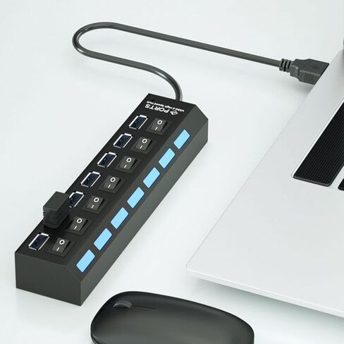 محور USB 2.0 عالي السرعة بـ 7 منافذ، محور بيانات USB A مع إمكانية تشغيل/إيقاف تشغيل مستقلة، لأجهزة الكمبيوتر المحمول والكمبيوتر الشخصي والأقراص الصلبة المحمولة ومحرك الأقراص المحمول والمزيد in Kuwait