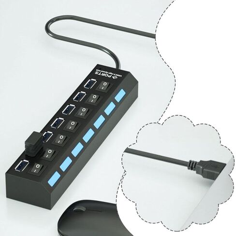 محور USB 2.0 عالي السرعة بـ 7 منافذ، محور بيانات USB A مع إمكانية تشغيل/إيقاف تشغيل مستقلة، لأجهزة الكمبيوتر المحمول والكمبيوتر الشخصي والأقراص الصلبة المحمولة ومحرك الأقراص المحمول والمزيد in Kuwait