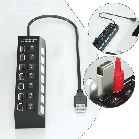 محور USB 2.0 عالي السرعة بـ 7 منافذ، محور بيانات USB A مع إمكانية تشغيل/إيقاف تشغيل مستقلة، لأجهزة الكمبيوتر المحمول والكمبيوتر الشخصي والأقراص الصلبة المحمولة ومحرك الأقراص المحمول والمزيد in Kuwait