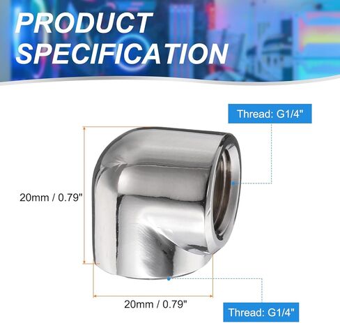 Generic 2pcs 90 درجة الكوع محول تبريد المياه G1/4 "الخيط أنثى إلى أنثى موصل ضغط المناسب النحاس الموسع المناسب للكمبيوتر PC نظام تبريد المياه، فضي in Kuwait