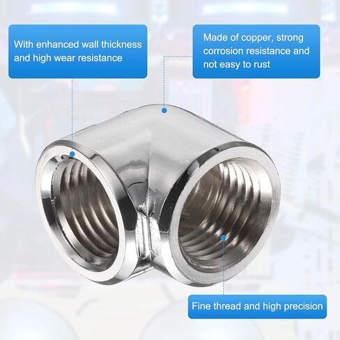 Generic 2pcs 90 درجة الكوع محول تبريد المياه G1/4 "الخيط أنثى إلى أنثى موصل ضغط المناسب النحاس الموسع المناسب للكمبيوتر PC نظام تبريد المياه، فضي in Kuwait