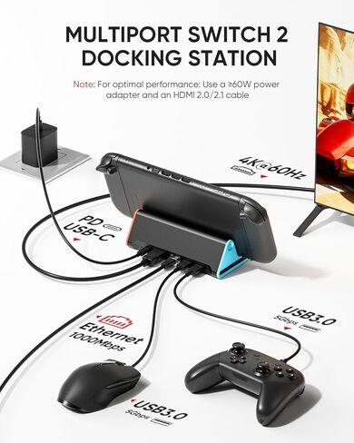 قاعدة سويتش 2، محطة إرساء تلفزيون 4K@60 هرتز مع شاحن سريع 60 وات وكابل HDMI، منفذ جيجابت إيثرنت (1000 ميجابت في الثانية)، قاعدة بديلة محمولة للمحول 2 فقط، حزمة ملحقات لنينتندو سويتش 2 in Kuwait