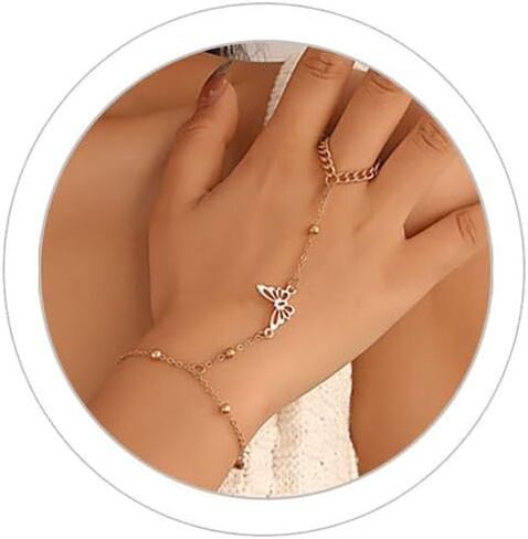 Hand Chain Rings Bracelets for Women Dainty Gold Finger Bracelet Ring Hand Chain Bracelets Butterfly Heart Pearl Hand Jewelry Ring Bracelet for Women Summer Trendy Stuff in Saudi Arabia