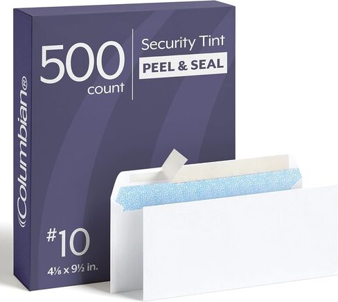 مظاريف أمان كولومبية #10، 500/صندوق، بدون نافذة، 4-1/8 × 9-1/2 بوصة، تحرير وختم ذاتي الغلق، أبيض (COLO151) in Kuwait