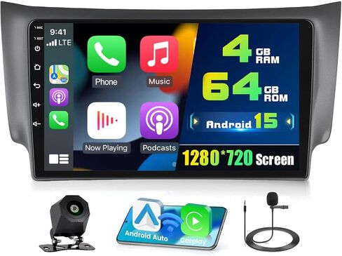 راديو 4+64G لسيارة Nissan Sentra 2013-2017، شاشة لمس IPS مقاس 10 بوصات ستيريو Android 15 لاسلكي Apple Carplay Android Auto 32EQ 5G WiFi 1080P بلوتوث + كاميرا احتياطية AHD مجانية in Kuwait