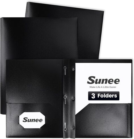 SUNEE 2 Pocket Folders with Prongs (3 Pack, Black) Plastic Folders with Pockets and Prongs Fit Letter Size, Poly Folders with Pockets for School Office Home Business in Kuwait
