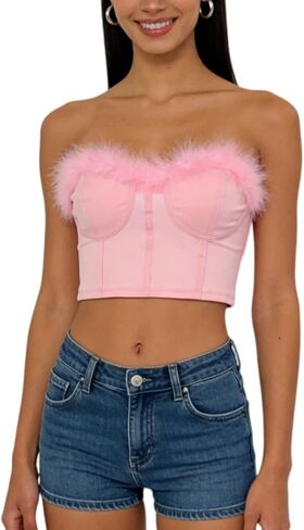 Women Sexy Feather Trim Corset Crop Top Faux Fur Sleeveless Tube Top Bustier for Rave Festival Clubwear in Saudi Arabia