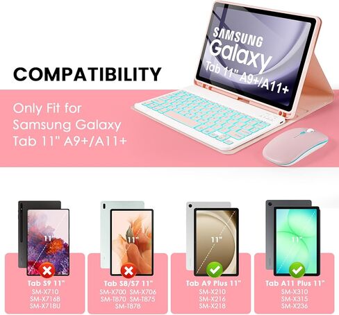 حافظة لوحة المفاتيح بإضاءة خلفية SOPPY مع ماوس Samsung Galaxy Tab A11 Plus 11" 2025/ A9 Plus 11" 2023، غطاء نحيف مع لوحة مفاتيح لاسلكية قابلة للفصل لجهاز Galaxy Tab A9+ A11+، وردي in Kuwait