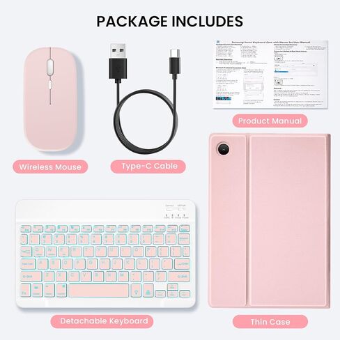 حافظة لوحة المفاتيح بإضاءة خلفية SOPPY مع ماوس Samsung Galaxy Tab A11 Plus 11" 2025/ A9 Plus 11" 2023، غطاء نحيف مع لوحة مفاتيح لاسلكية قابلة للفصل لجهاز Galaxy Tab A9+ A11+، وردي in Kuwait