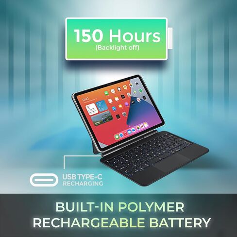 Adesso WKB-7010 Bluetooth Keyboard Case with Touchpad for iPad Pro 11 inch and iPad Air 10.9 inch, Detachable Wireless Keyboard, Rechargeable Battery, Aluminum Design, Black in Kuwait