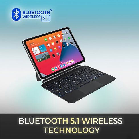Adesso WKB-7010 Bluetooth Keyboard Case with Touchpad for iPad Pro 11 inch and iPad Air 10.9 inch, Detachable Wireless Keyboard, Rechargeable Battery, Aluminum Design, Black in Kuwait