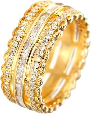 ENDLESSNESS & ETERNITY 14K Gold Plated 3 Row Half Eternity Band Ring for Women Rectangle Cut CZ Cubic Zirconia Wedding Band Statment band ring comfort fit in Saudi Arabia