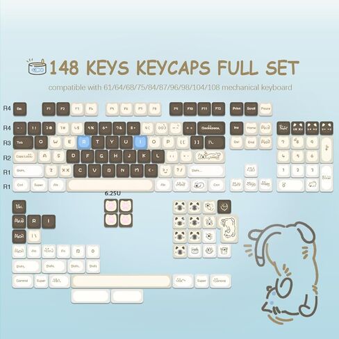 Sunzit Cute Cat Keycaps-Mao Profile، 148 مفتاحًا بني سيامي كات أغطية مفاتيح مخصصة 60 65 75 100 بالمائة، أغطية مفاتيح لطيفة مجموعة أغطية مفاتيح للوحة المفاتيح لـ MX Switches لوحة المفاتيح الميكانيكية in Kuwait
