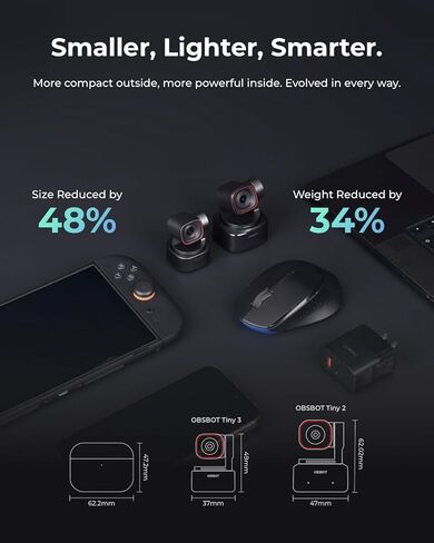 OBSBOT Tiny 3 AI-Powered Spatial Audio 4K PTZ Webcam, Bundle with UVC to HDMI Adapter 2.0 Tri-Mic AI Tracking 2.0 Voice Control Gesture Control 1/1.28" Sensor 4K Streaming Camera in Kuwait