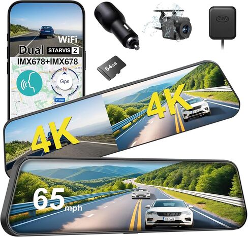 مستشعرات Sony STARVIS 2 IMX678 مزدوجة 4K+4K مرآة داش كام أمامية وخلفية، كاميرا رؤية خلفية ذكية 12 بوصة مع كشف النقطة العمياء ADAS، رؤية ليلية فائقة HDR، 5G WiFi GPS، 64 جيجابايت، موقف سيارات 24 ساعة in Kuwait