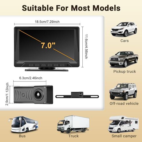Hikity 7" Backup Camera Waterproof with Radar Detection/Night Vision/Reversing Guidelines, Front/Rear View Monitor Kit for US All Car Models - 12V Lighter Power, 170° Wide-Angle Lens in Kuwait