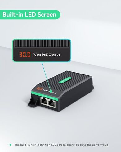 LINOVISION Gigabit 30W PoE+ Injector with LED Screen to Indicate Power Output and PoE to USB-C Converter in Kuwait
