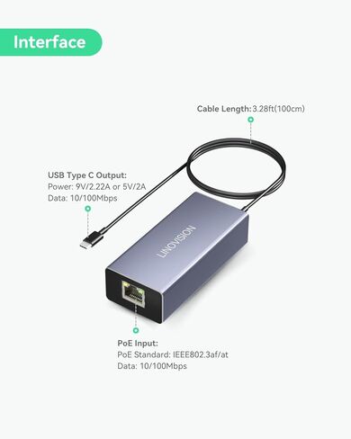 LINOVISION Gigabit 30W PoE+ Injector with LED Screen to Indicate Power Output and PoE to USB-C Converter in Kuwait