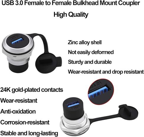 USB 3.0 Panel Mount Coupler USB Type A Female to Female Adapter Threaded Fixed Bulkhead Extension Embedded Round Connector with Water/Dustproof Cap in Kuwait