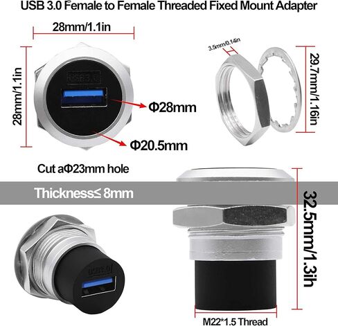 USB 3.0 Panel Mount Coupler USB Type A Female to Female Adapter Threaded Fixed Bulkhead Extension Embedded Round Connector with Water/Dustproof Cap in Kuwait