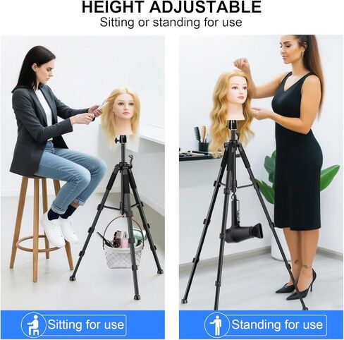 Wig Stand Tripod Adjustable up to 62 Inch, Heavy Duty Metal Mannequin Head Stand with Non-Slip Base and 360° Rotation, Hook, Carry Bag for Hair Styling Training Display in Kuwait