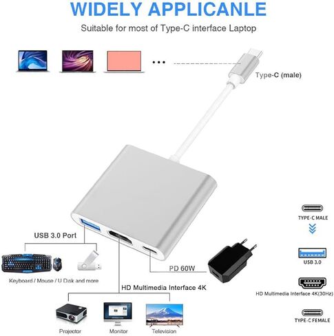 محطة إرساء Cuifati USB C، محور من سبائك الألومنيوم 3 في 1 مع 60 وات PD 4K USB 3.0 5 جيجابت في الثانية، لمحرك أقراص فلاش لجهاز عرض التلفزيون المحمول in Kuwait