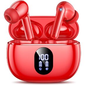 Wireless Earbuds Deep Bass Sound Ear Buds, Bluetooth 5.3 Headphones 48H Playtime, LED Display Earphones with Mic, IPX7 Waterproof Lightweight in-Ear Buds, Touch Control for iPhone TV Laptop Red in Kuwait