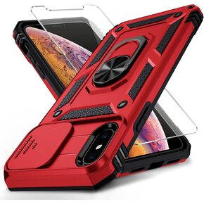 جراب Vinve لهاتف iPhone X/iPhone Xs، غطاء عدسة منزلق، واقي شاشة HD، حماية من السقوط من الدرجة العسكرية، حامل حلقي مغناطيسي دوار، جراب واقٍ للهاتف (أزرق داكن) in Kuwait