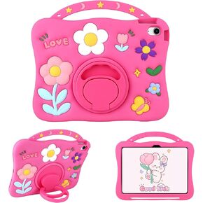 for iPad A16 Case 11th Generation 2025 11 Inch, for iPad 10th Generation Case 2022 10.9'' for Kids Girls Colorful Flower Soft Silicone Cover with Handle Rotatable Stand Pencil Holder-Hot Pink in Kuwait