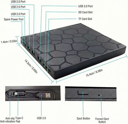 محرك أقراص CD/DVD خارجي للكمبيوتر المحمول، مشغل DVD للكمبيوتر المحمول، 8 في 1 USB 3.0 محمول فائق النحافة، مشغل وموقد CD/VCD/DVD in Kuwait
