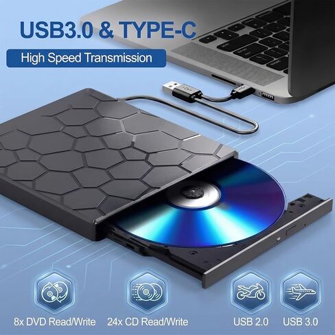محرك أقراص CD/DVD خارجي للكمبيوتر المحمول، مشغل DVD للكمبيوتر المحمول، 8 في 1 USB 3.0 محمول فائق النحافة، مشغل وموقد CD/VCD/DVD in Kuwait