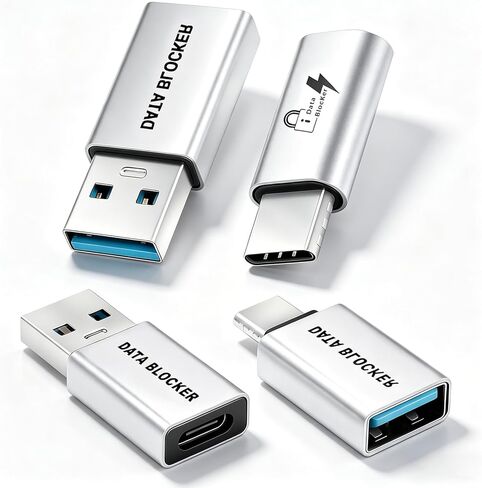 مانع بيانات USB Poyiccot (4 عبوات)، 4 أنواع من مانع بيانات USB A وUSB C فقط للشحن، والحماية من مقبس العصير، ومنع الاختراق للشحن الآمن للهاتف المحمول، والوسادة، وما إلى ذلك. (فضي) in Kuwait