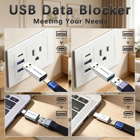 مانع بيانات USB Poyiccot (4 عبوات)، 4 أنواع من مانع بيانات USB A وUSB C فقط للشحن، والحماية من مقبس العصير، ومنع الاختراق للشحن الآمن للهاتف المحمول، والوسادة، وما إلى ذلك. (فضي) in Kuwait