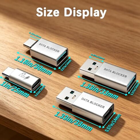 مانع بيانات USB Poyiccot (4 عبوات)، 4 أنواع من مانع بيانات USB A وUSB C فقط للشحن، والحماية من مقبس العصير، ومنع الاختراق للشحن الآمن للهاتف المحمول، والوسادة، وما إلى ذلك. (فضي) in Kuwait
